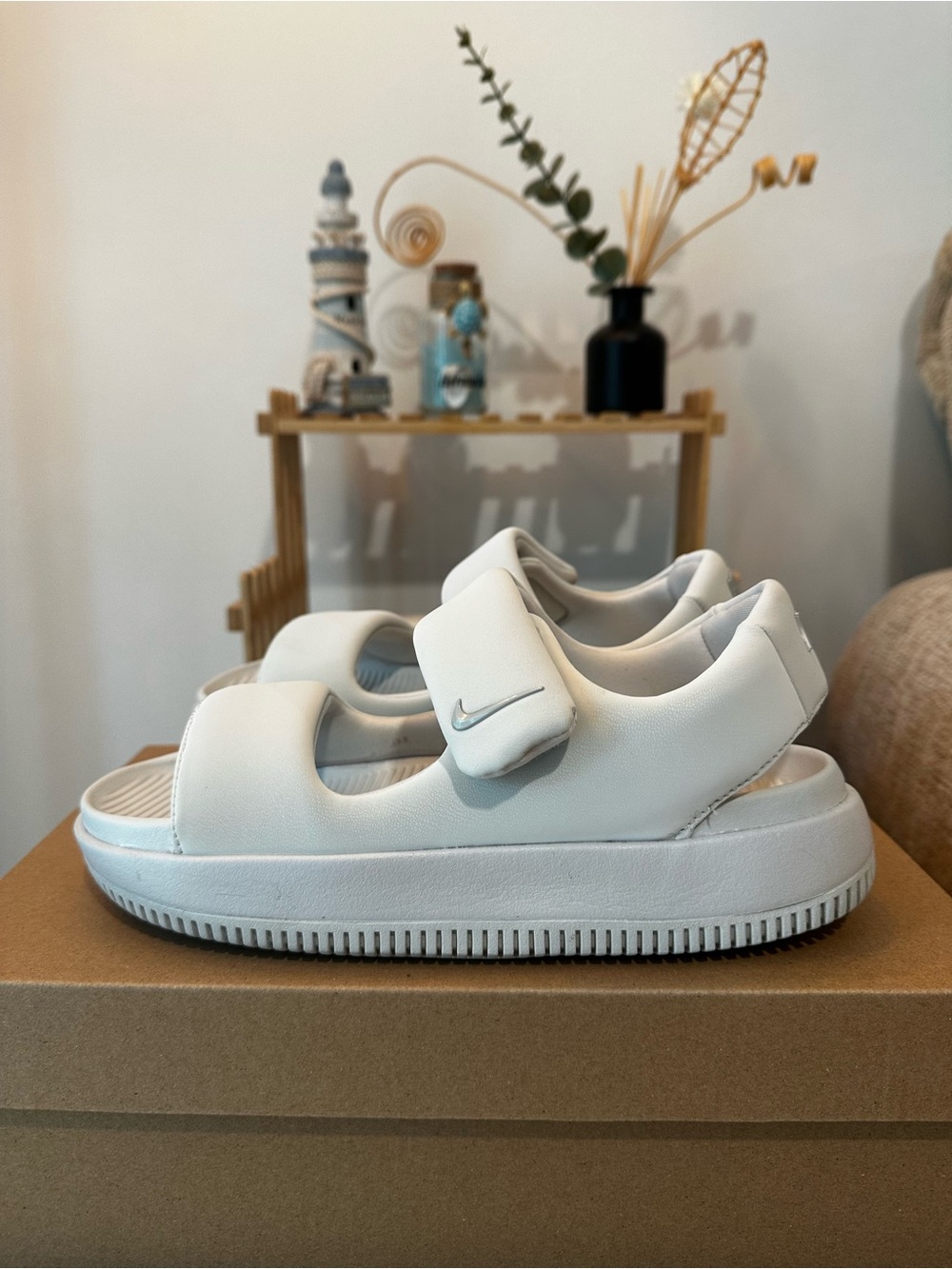 Nike Calm Platform Sandals Light Bone Color with Adjustable Straps